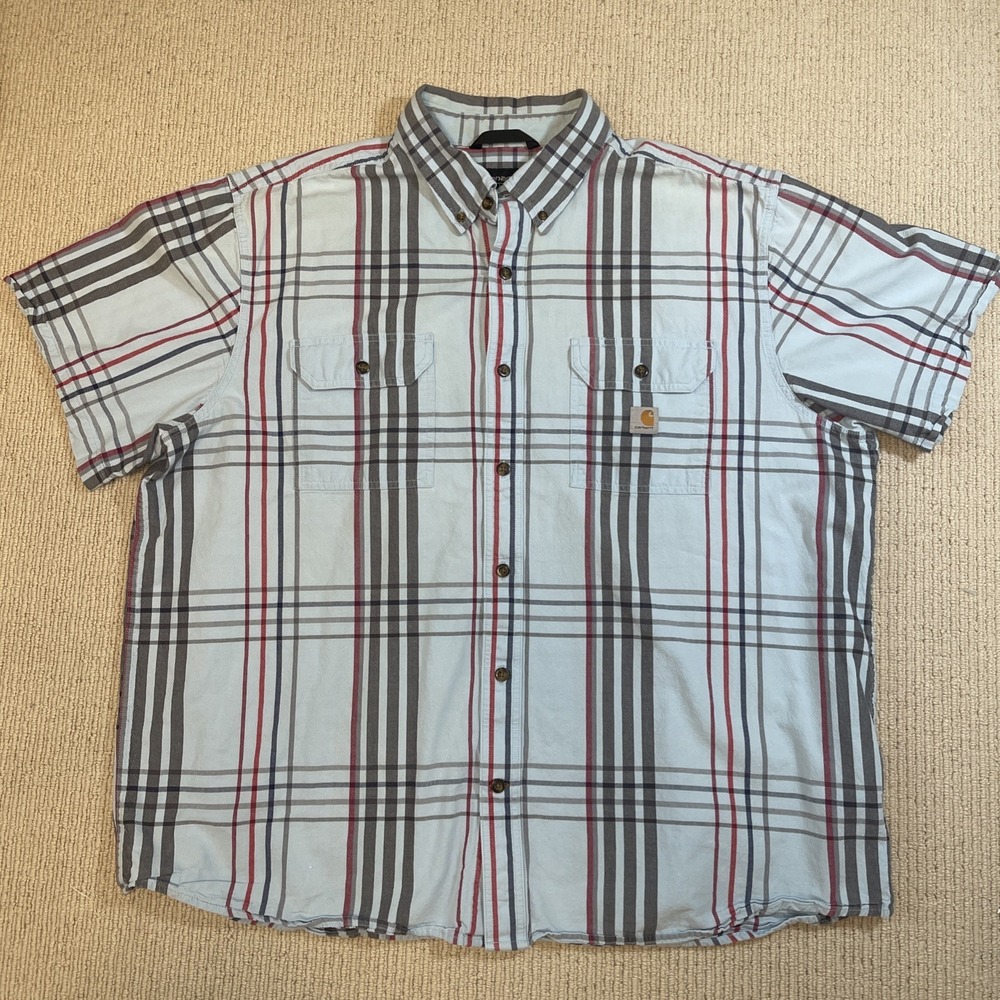 Carhartt Mens 2XL Loose Fit Short Sleeve Casual Button Up Shirt Blue